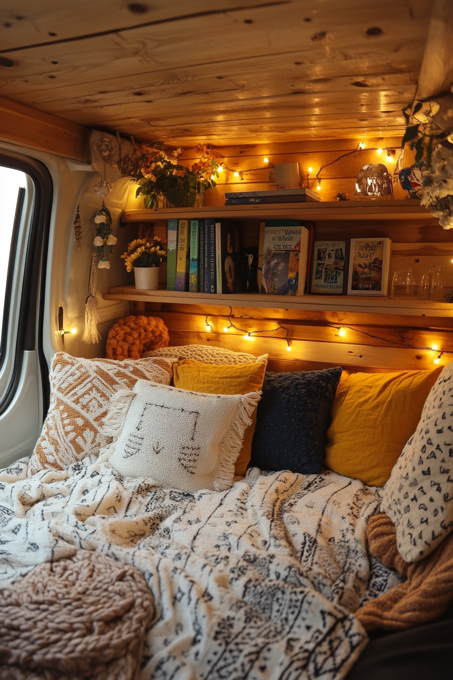 Eco-friendly van reading corner. Cork shelves, fairy lights, recyclable puffy sack pillows.