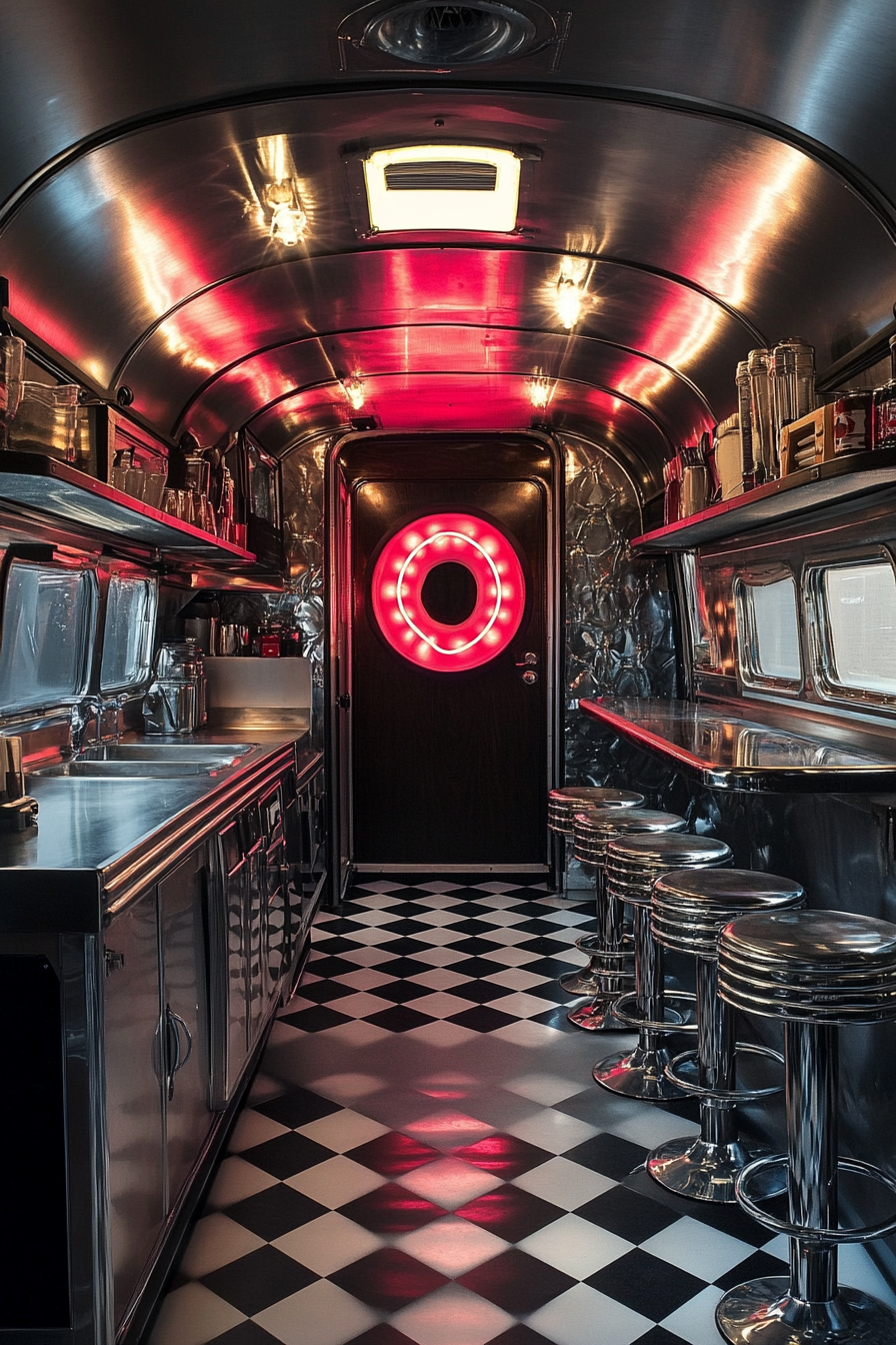 Retro camper dining space. Checkered floor, neon Donut sign, chrome bar stools.