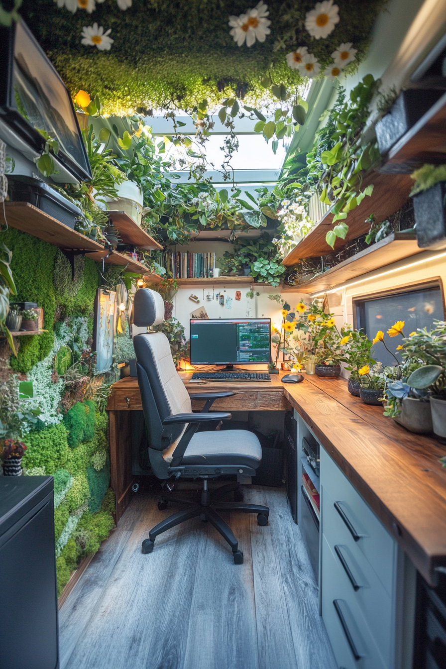 Van workspace. Living roof with blooming daisies, polished mahogany desk, moss-clad wall.