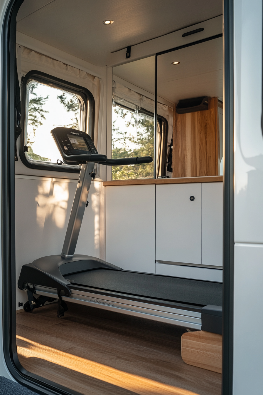 Exercise room in minimalist camper. Foldable treadmill next to full-length mirror.