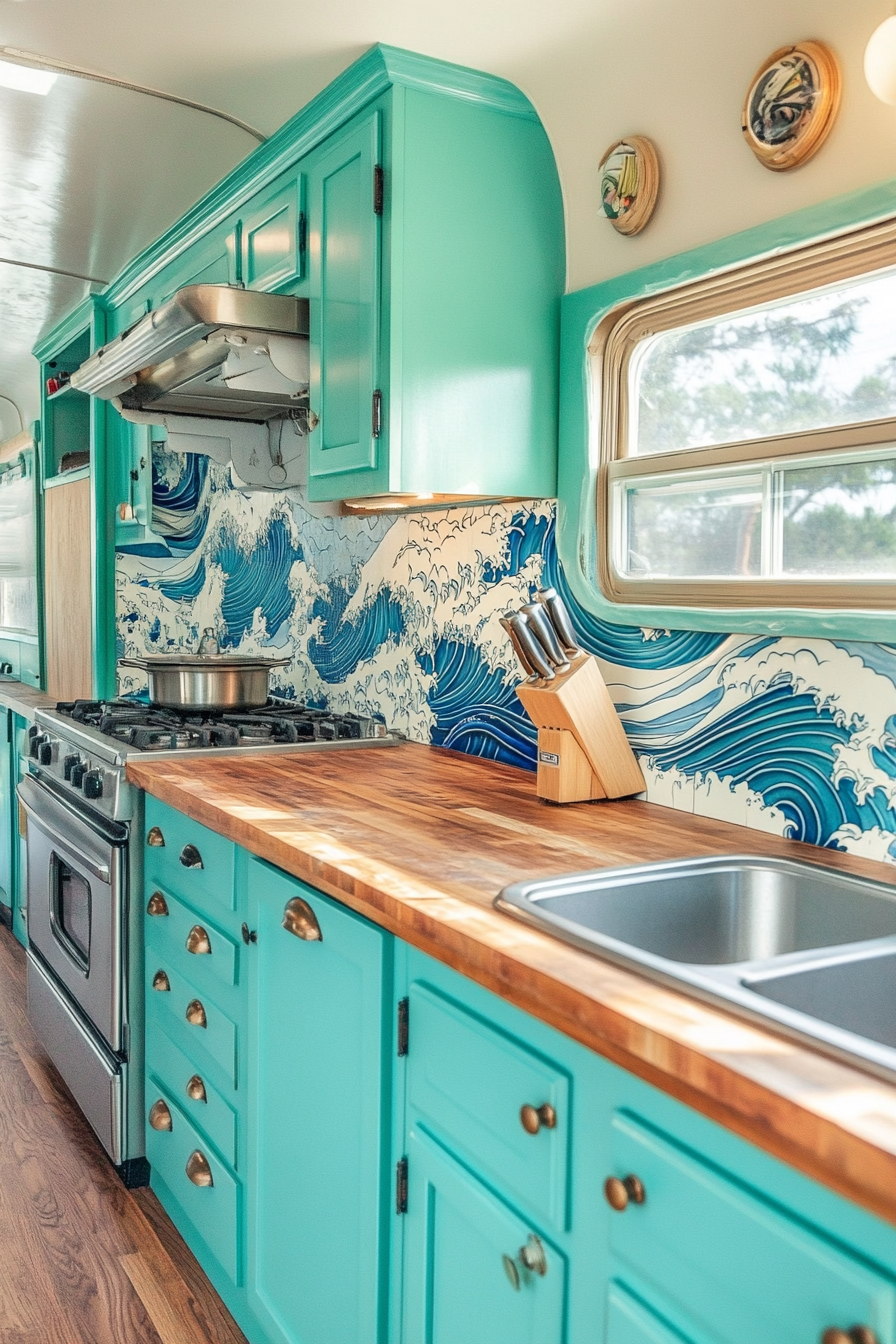 Retro surf van kitchen. Aqua cabinets with wood counters and wave art tiles.