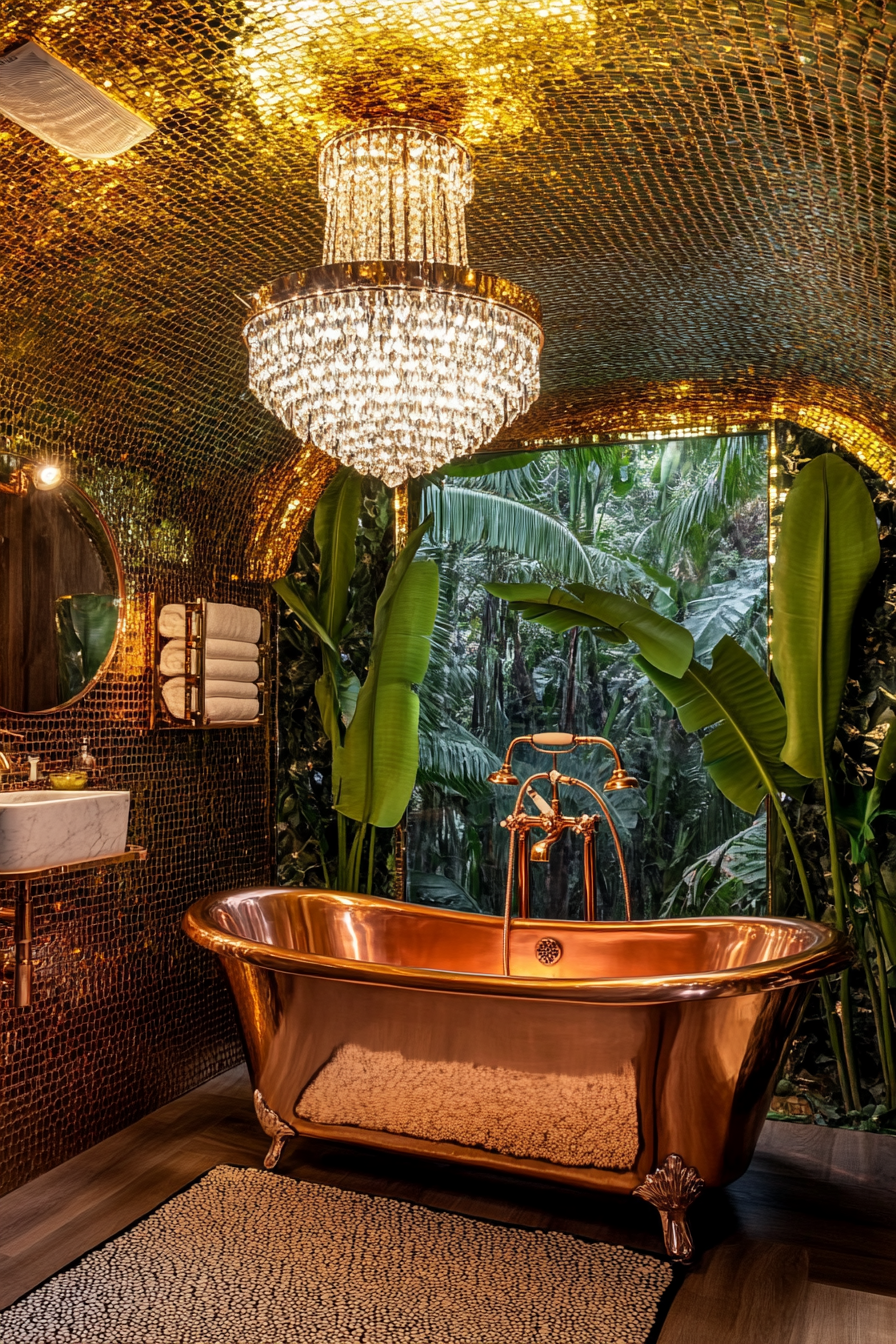 Luxury glamping bathroom. Copper freestanding tub under a crystal chandelier surrounded by banana trees.