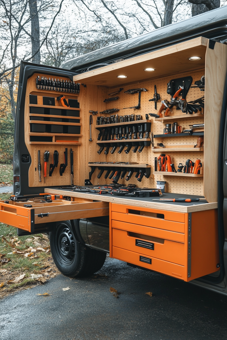 Van workshop. Portable, mechanic toolbox, fold-down workbench, compartmentalized parts storage drawers.