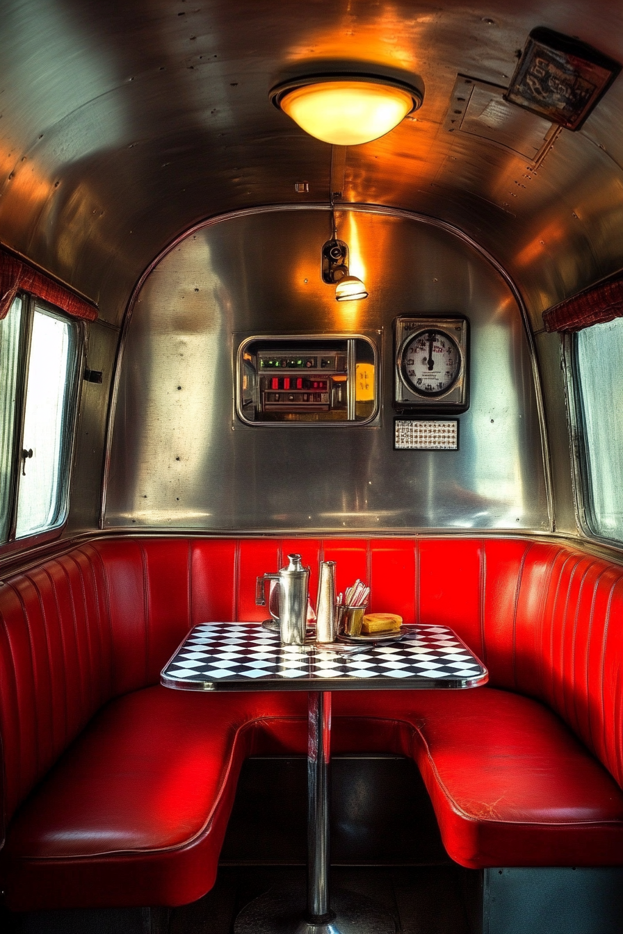 Vintage Airstream Dining Nook. Chrome-edged, red vinyl booth, checkered Formica table, ticker timer lamp.