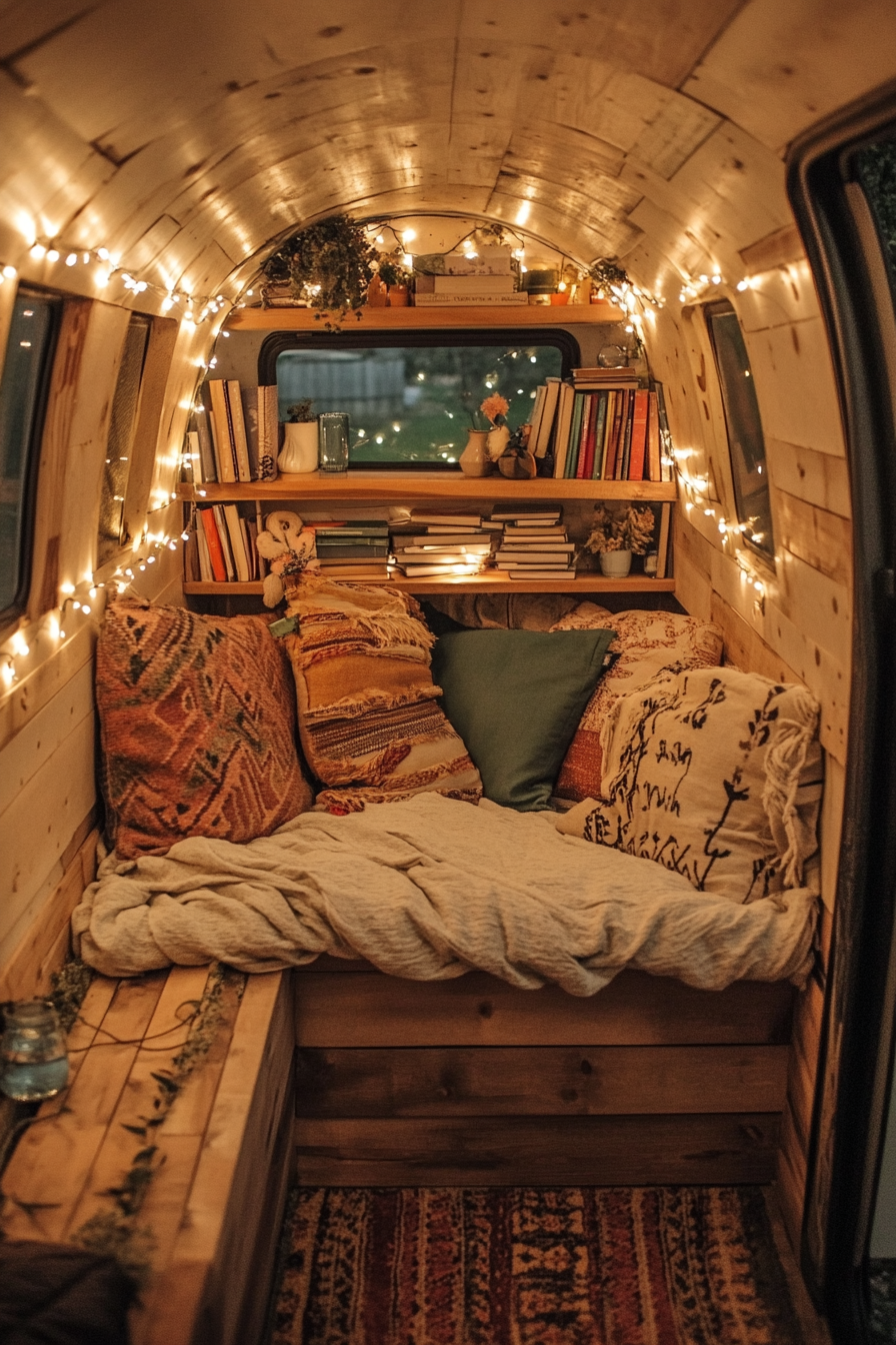 Eco-friendly van reading corner. Salvaged wood shelves lined with fairy lights and recycled cushions.