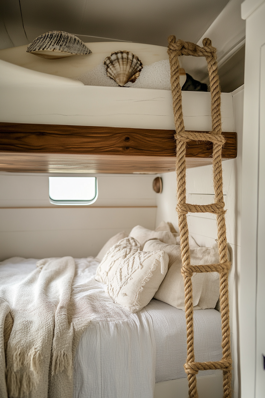 Surf-Style van bedroom. Walnut veneer surfboard rack, hemp rope ladder, white sand-dipped seashell decor.