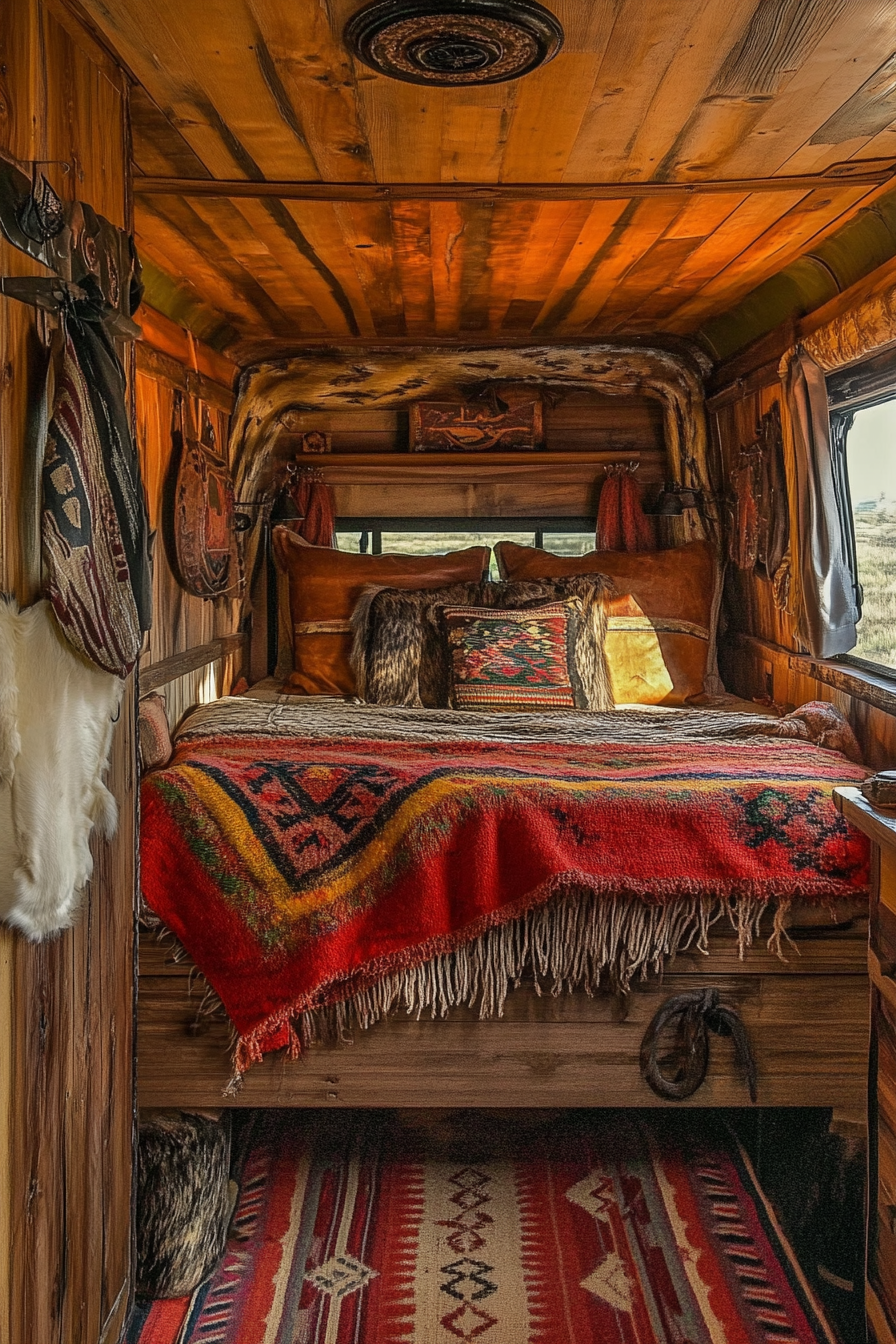 Van bedroom. Navajo textiles and leather accents on rustic wood bed.