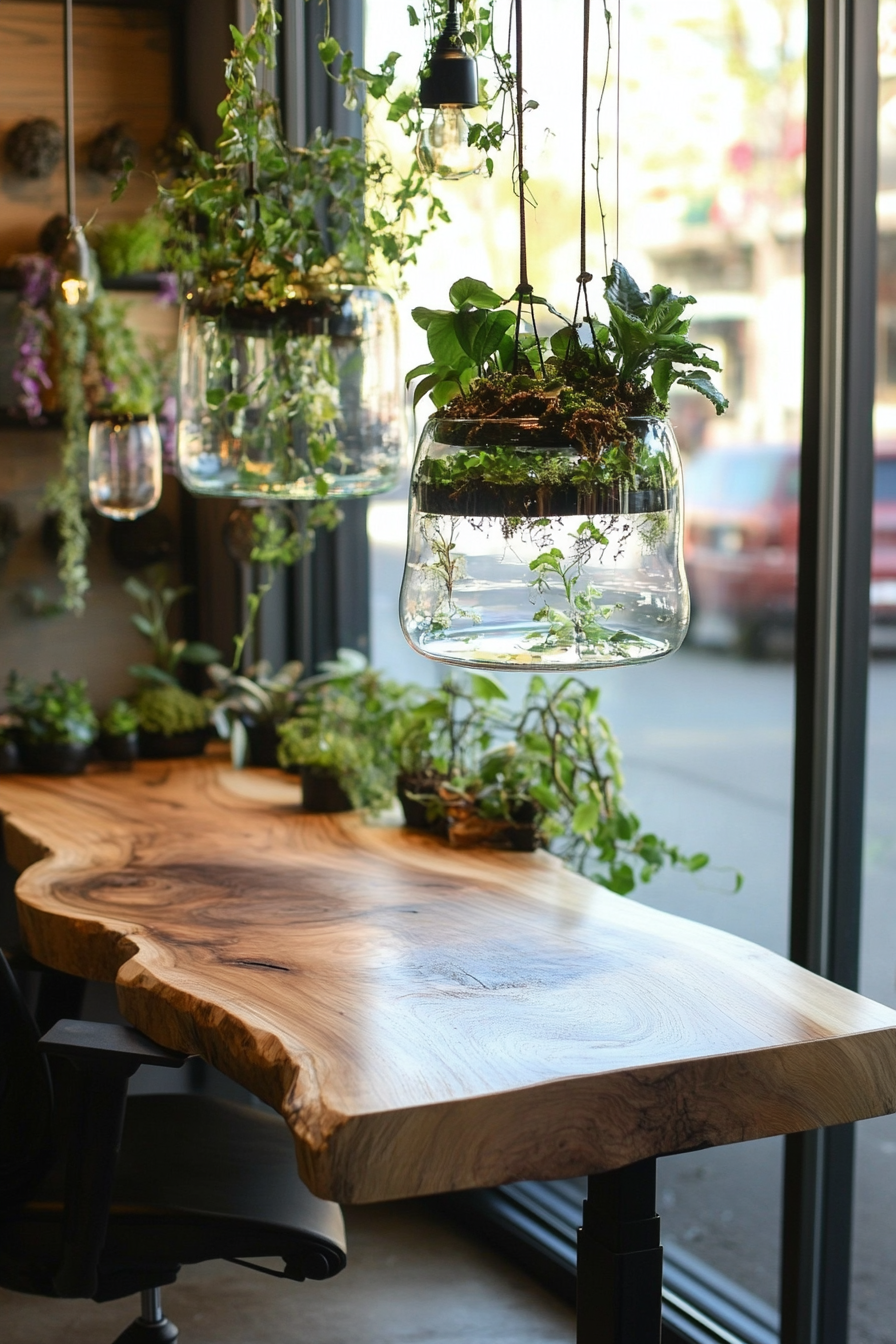 Biophilic van workspace. Hanging terrariums above yakisugi finished wooden desk.