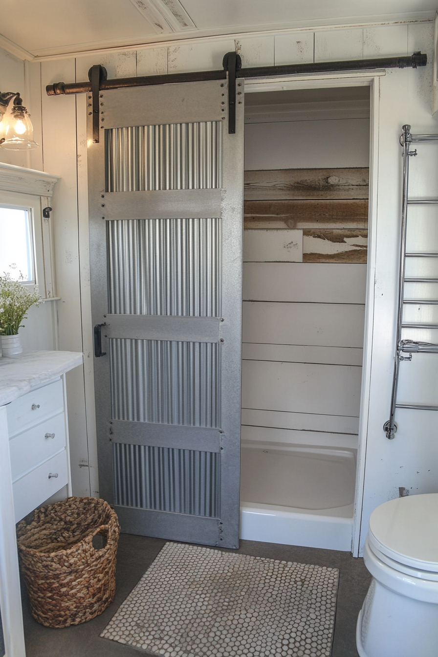 Modern Farmhouse RV bathroom. White shiplap, grey barn door, corrugated metal shower.