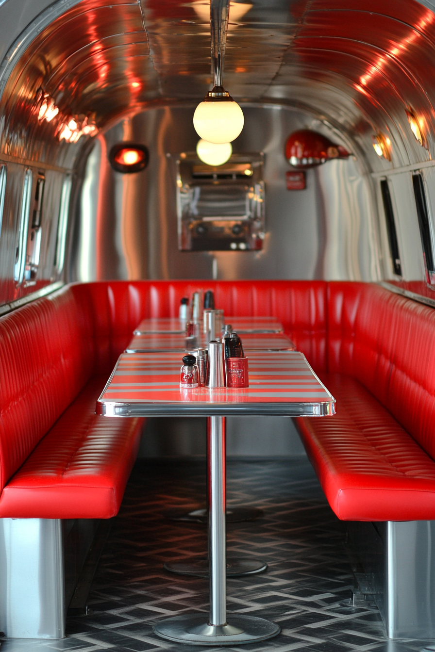 Dining nook. Airstream table in chrome finish, surrounded by red vinyl booth with formica tabletop.