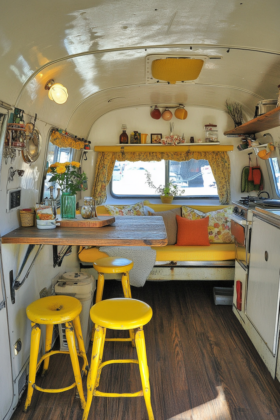 Retro-Style Camper Dining Space. Antique sinkpipe table with yellow-legged stools.