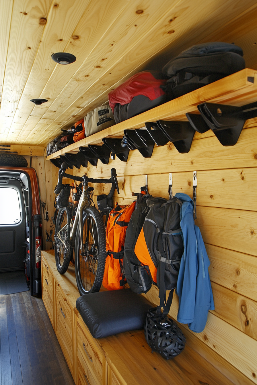 Adventure van storage space. Overhead ski racks, wall-mounted bike mounts, retractable drying station.