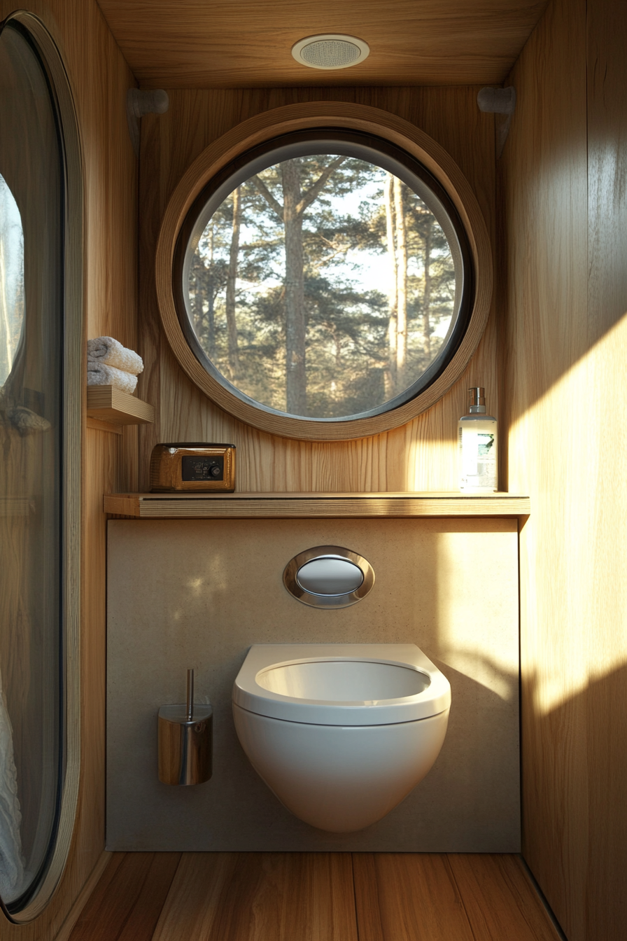 Tiny bathroom design. Round mirror above a ceramic composting toilet system.