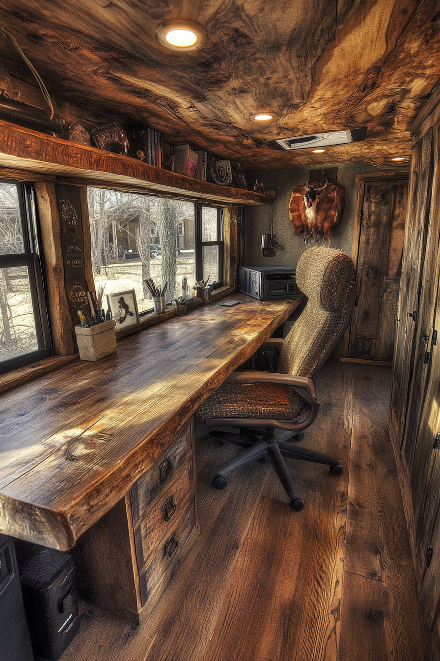 Sprinter van office space. Recycled barn wood desk with hemp fabric office chair.