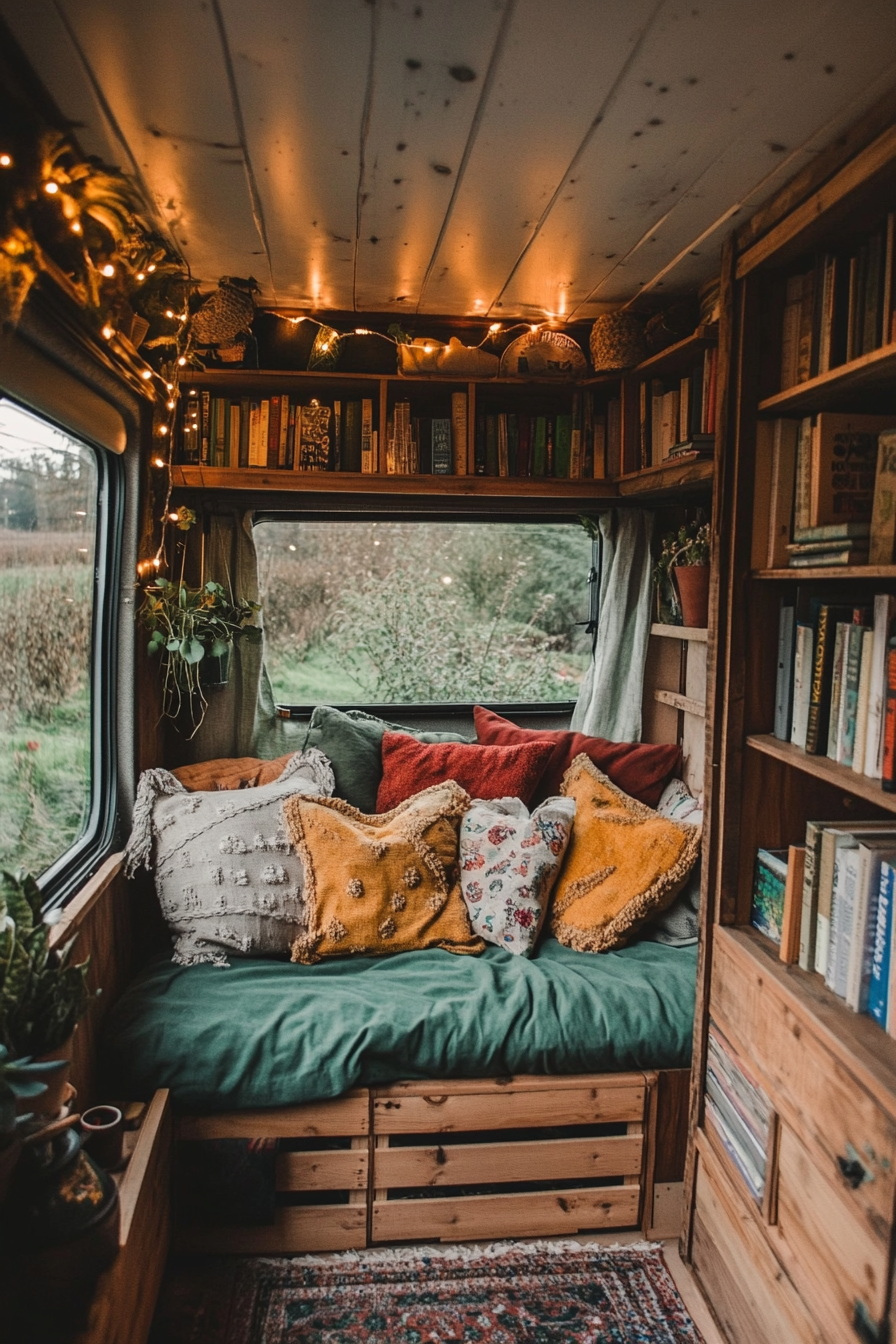 Eco-friendly van reading corner. Hanging fairy lights, thrift-found cushions, recycled wood crate bookshelves.