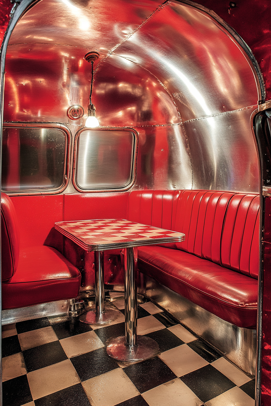 Vintage Airstream dining nook. Red vinyl booth with checkered floor and chrome finishes.