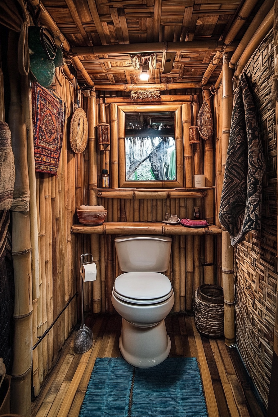 Tiny bathroom. Mirror-paneled composting toilet housed in bamboo.