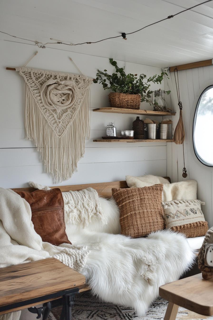 Scandi-Boho camper living room. Macrame wall art, cream sheepskin throws, reclaimed wood shelves.