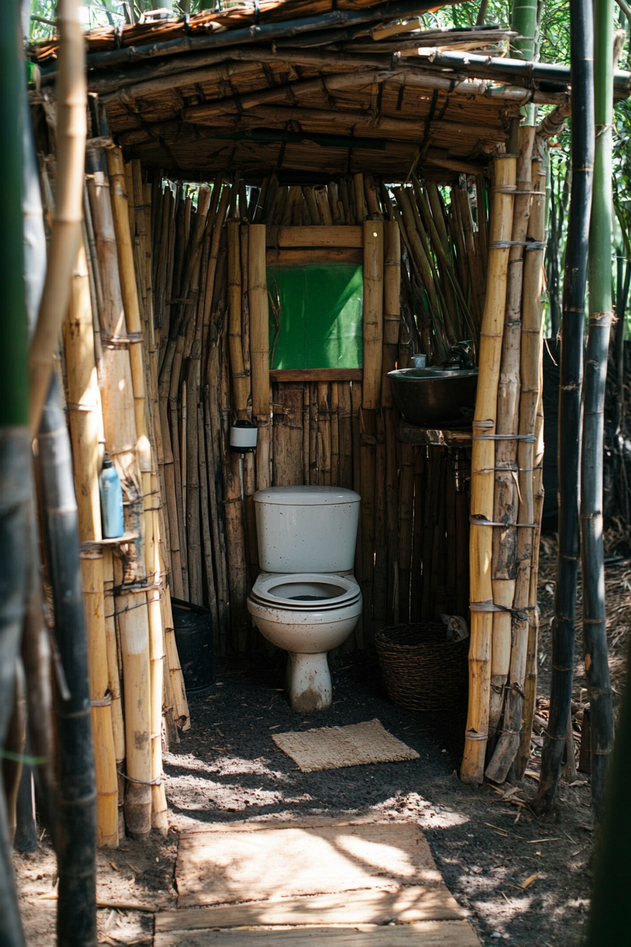 Sustainable tiny bathroom. Composting toilet amidst bamboo confines, facilitated by a grey water system.