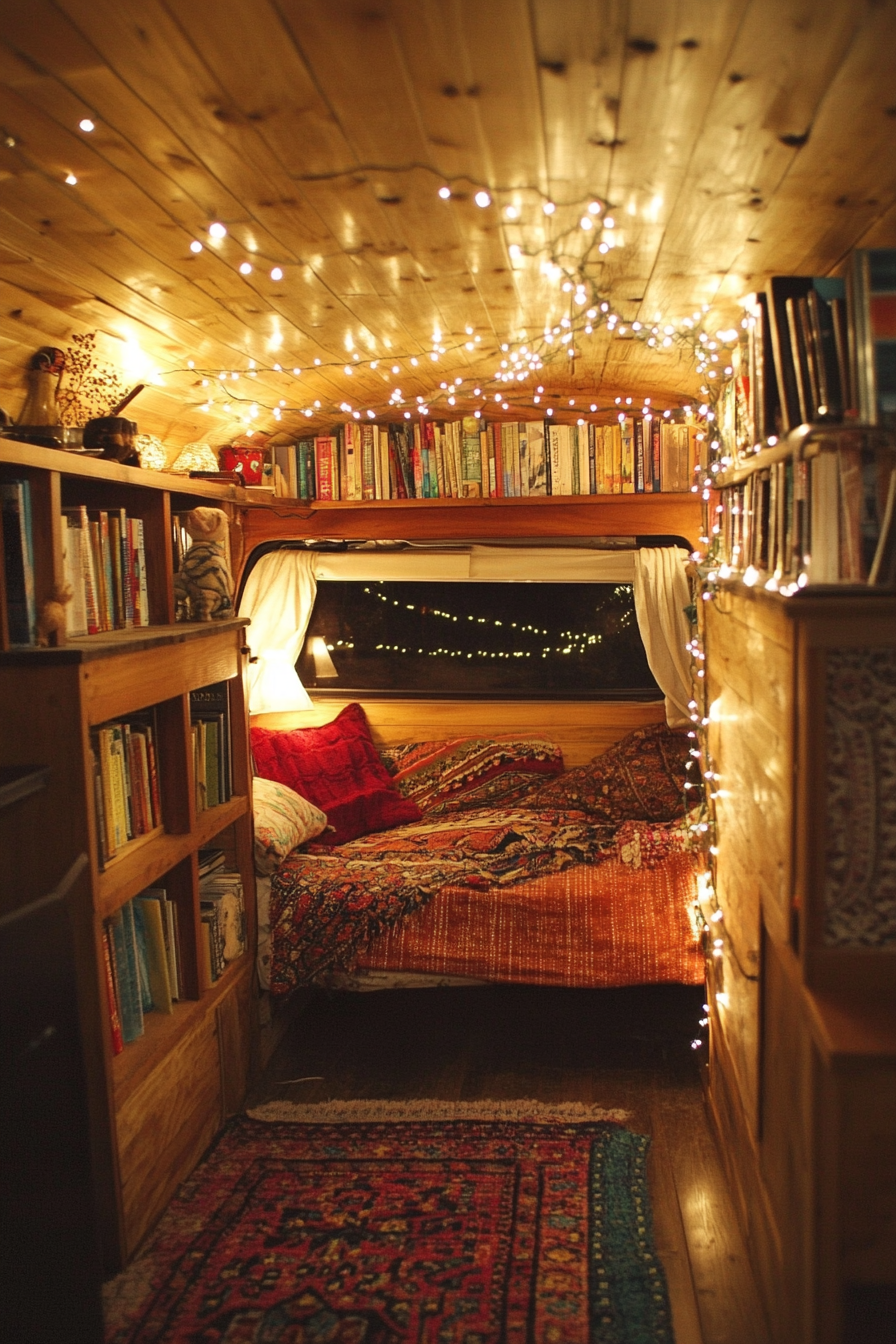 Van reading corner. Solar powered fairy lights woven through repurposed wood bookshelves.