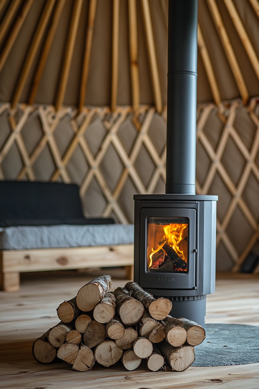 Rustic-style yurt living space. Wood stove with pine logs.