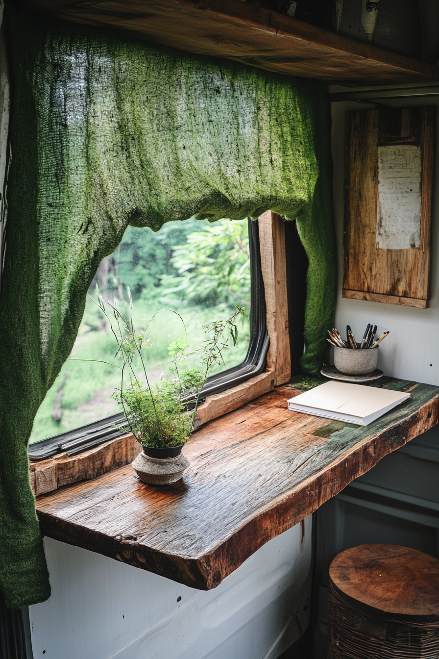 Sustainable sprinter van office space. Moss-green hemp curtain against reclaimed wooden desk.