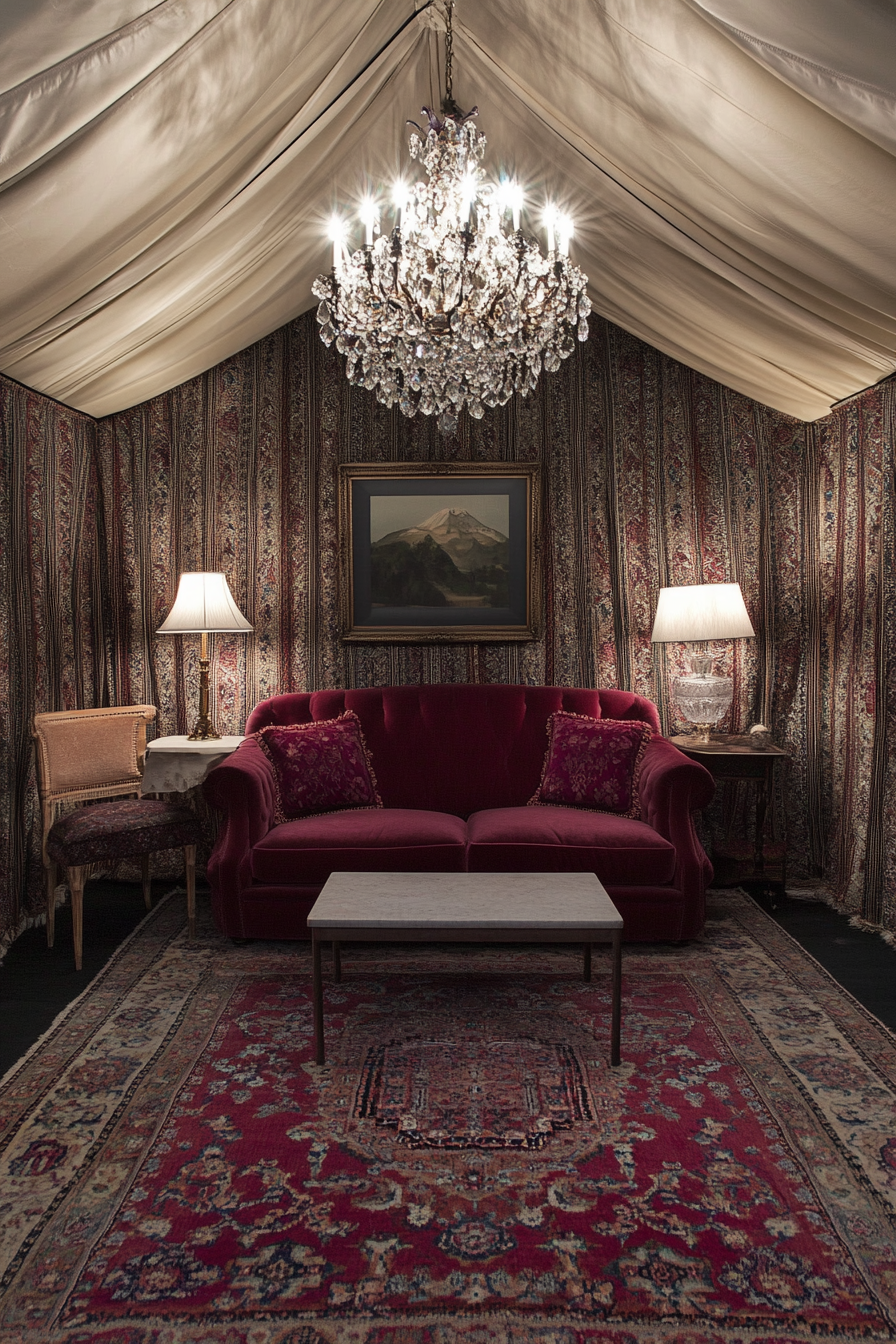 Luxury Glamping Tent Suite. Canvas walls, burgundy Persian rugs, crystal chandelier.