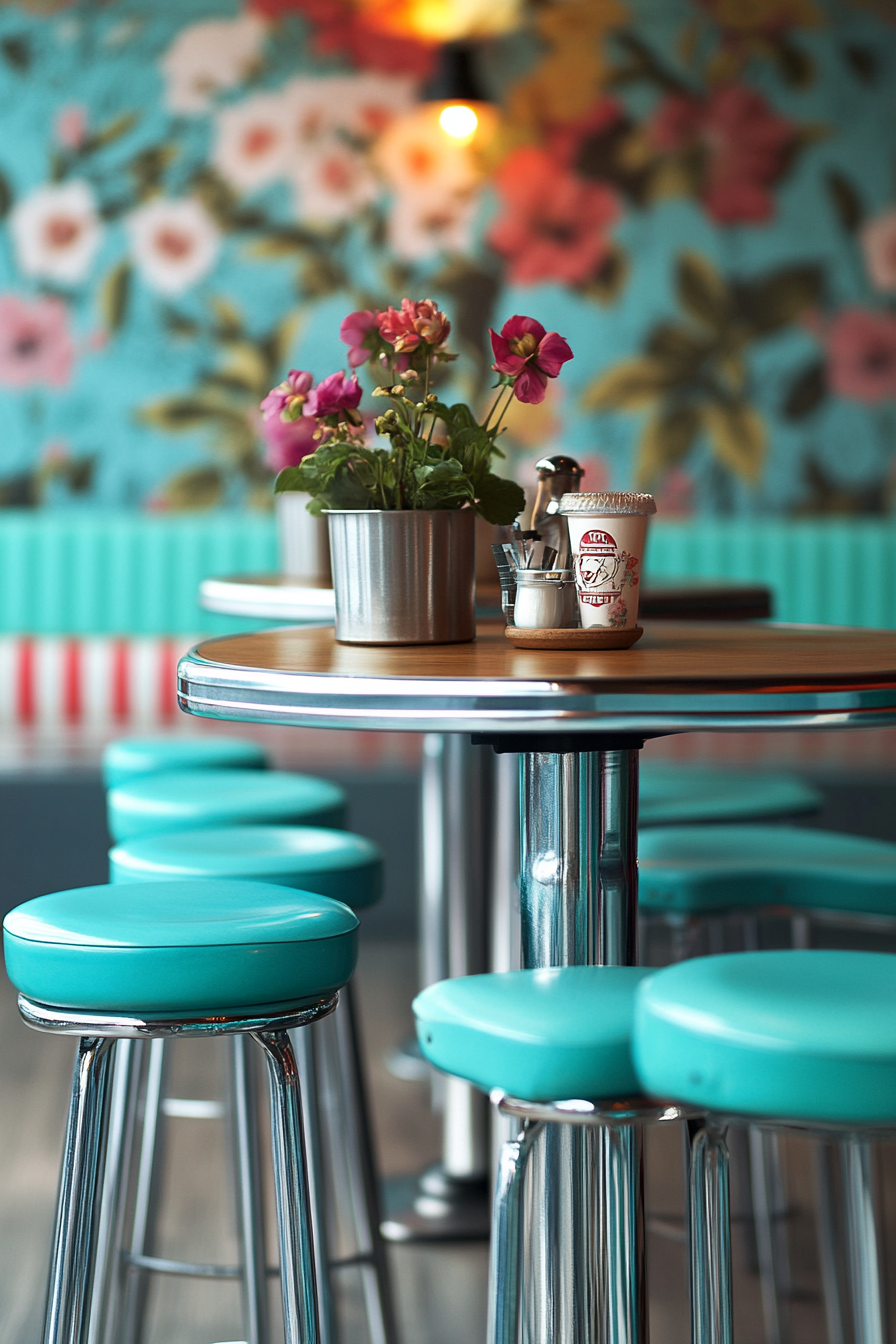 table, and turquoise diner-style stools.