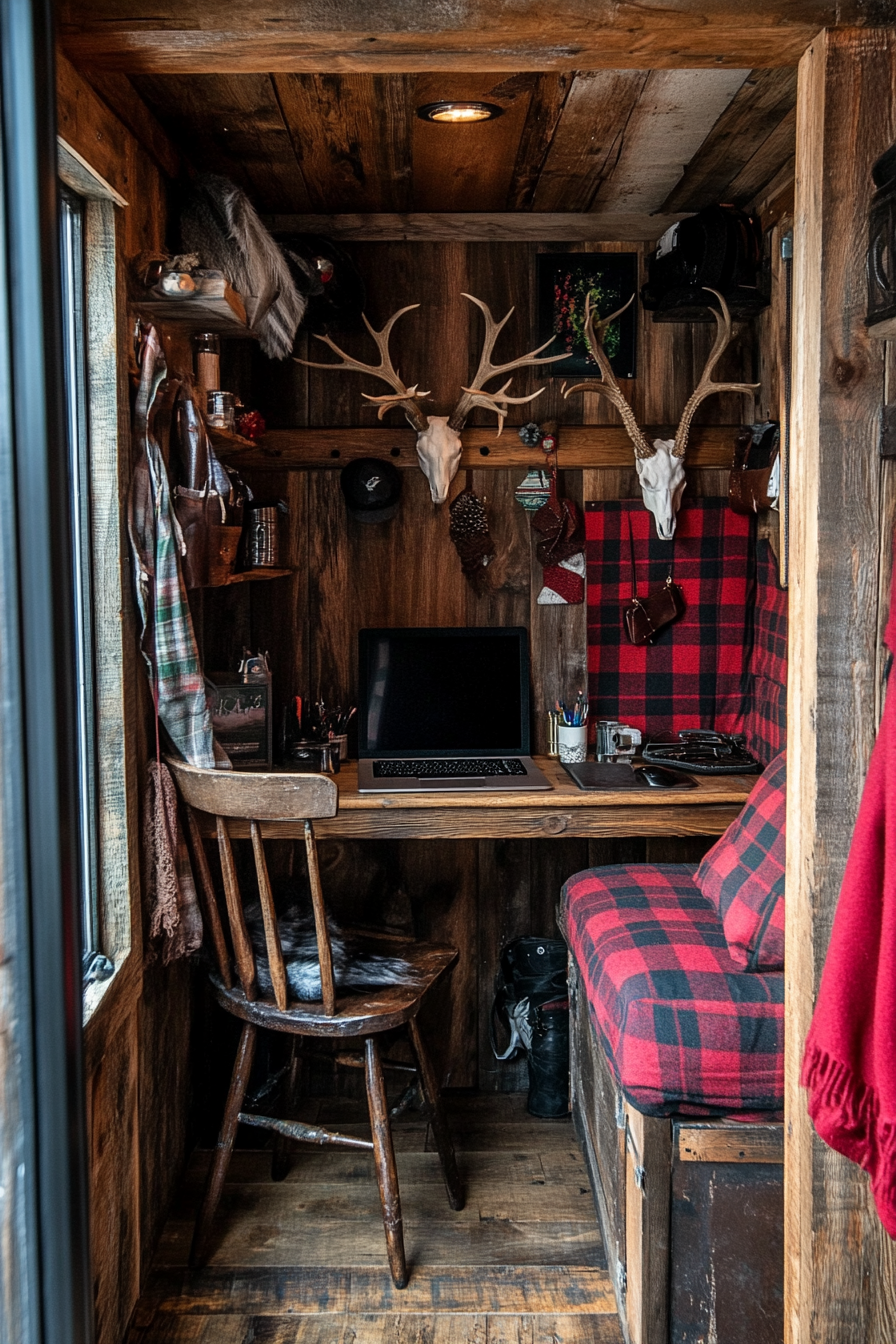 Alpine tiny house office. Pine desk with a backdrop of antler hooks and plaid cushions.