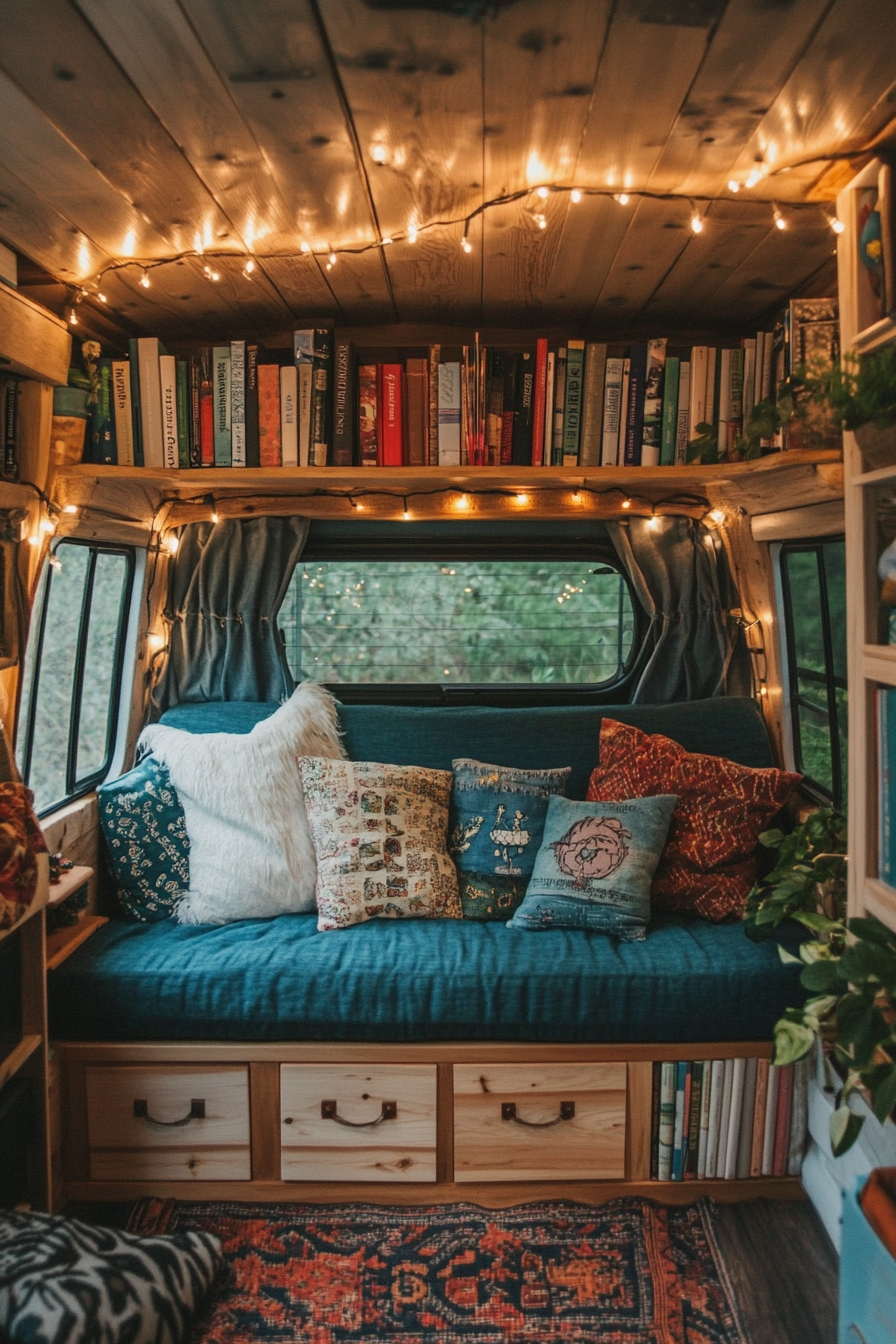 Eco-friendly van reading corner. Fairy lights, recycled indigo denim cushions, wooden bookcase.