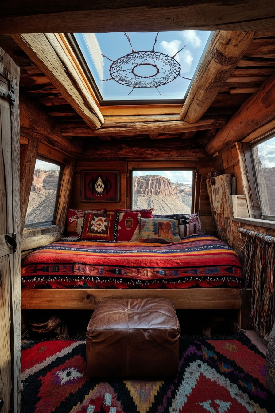 Van Bedroom. Navajo textiles, leather ottoman, dreamcatcher laced skylight.