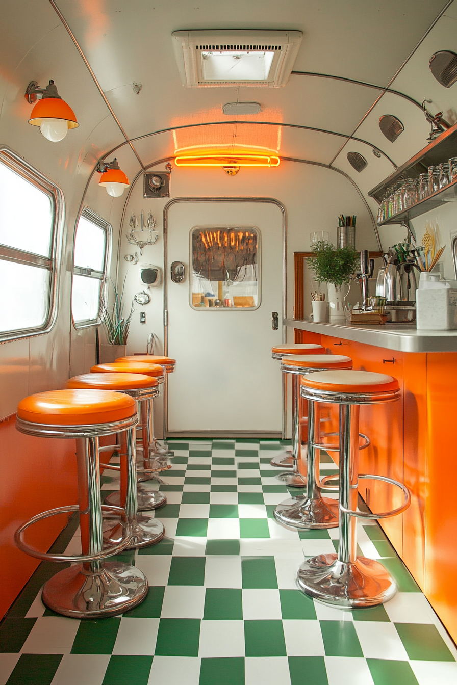 Retro-style camper dining space. Orange neon sign, chrome bar stools, green and white checkerboard floor.