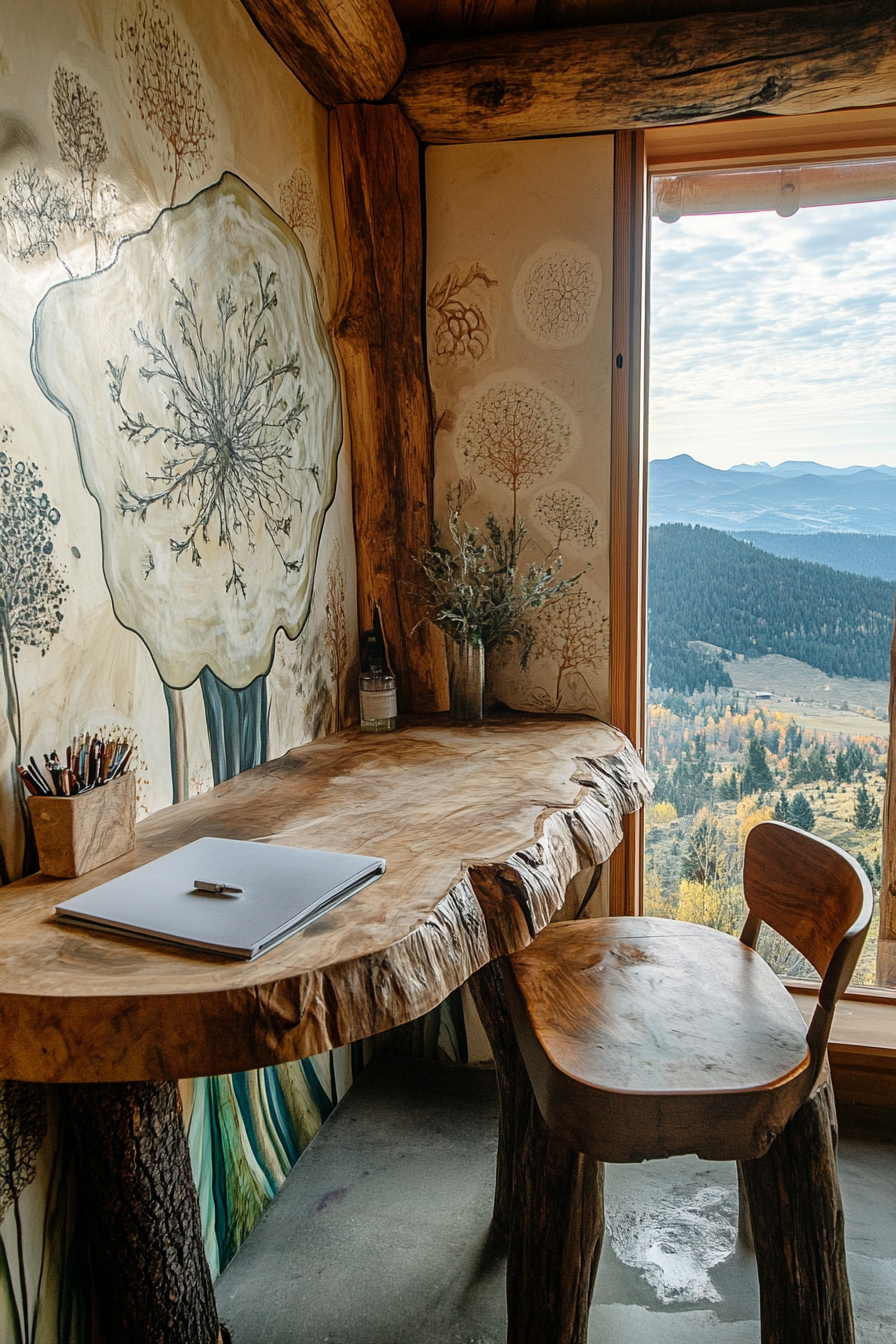 Biophilic Yurt Workspace. Reclaimed wooden desk, macrophage mural, hilltop vista.