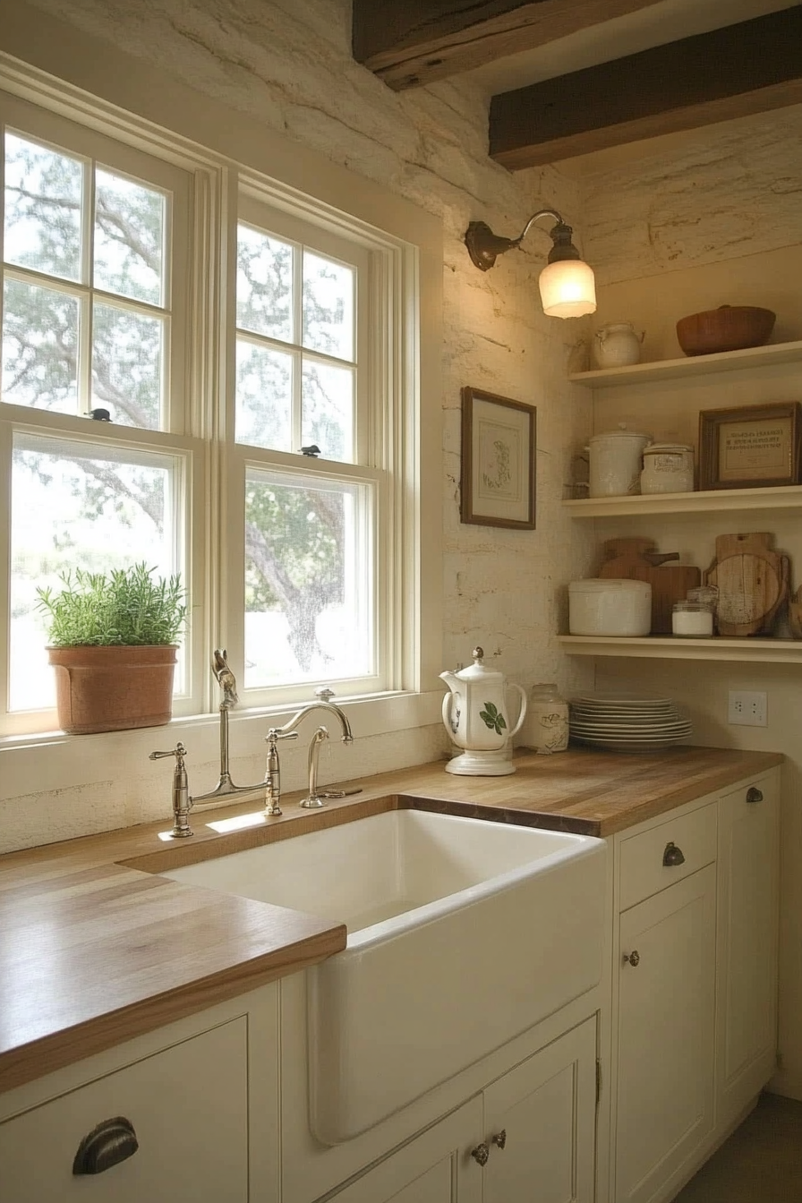 Modern Farmhouse tiny kitchen. Ivory-colored butcher block, apron sink, rosemary herb window.