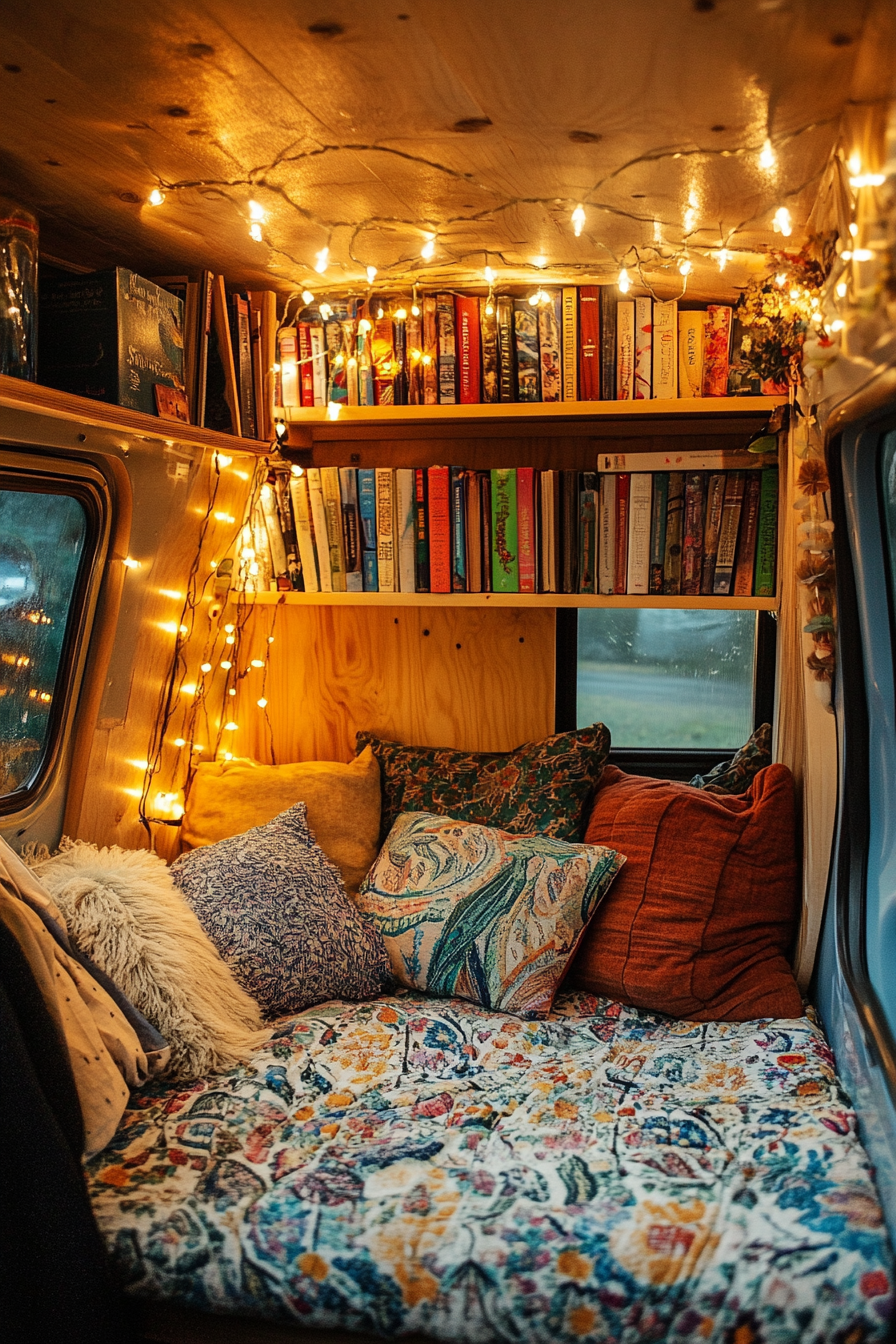 Eco-friendly van reading corner. Recycled cushion, fairy lights, bamboo bookshelf.