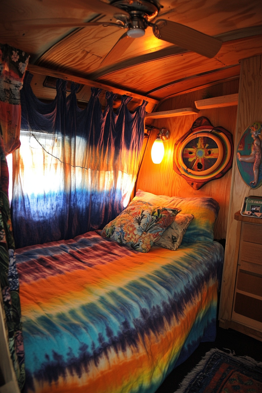 Surf-style van bedroom. Tie-dyed curtains, vintage hula girl lamp.