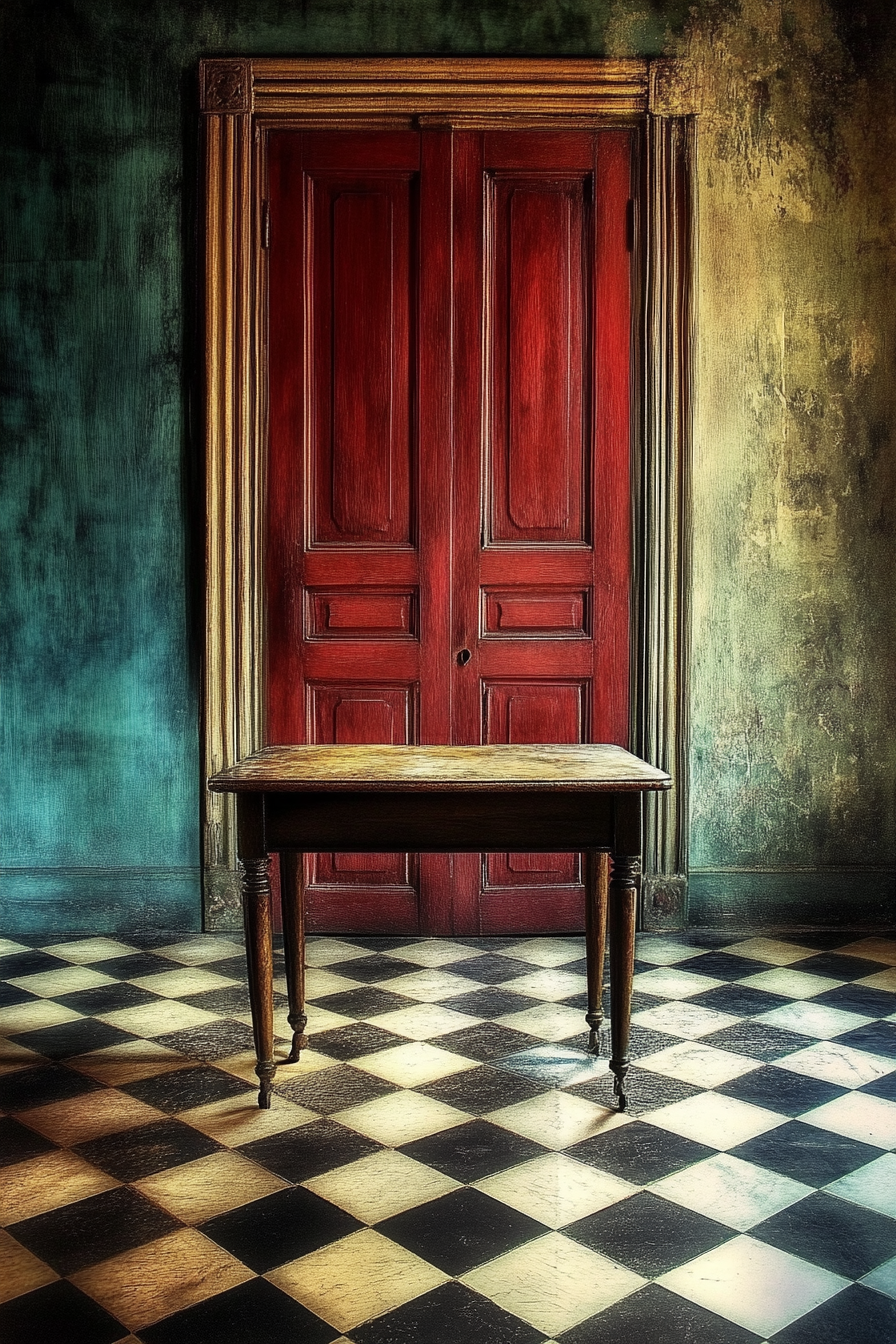 table, and checkered floors.