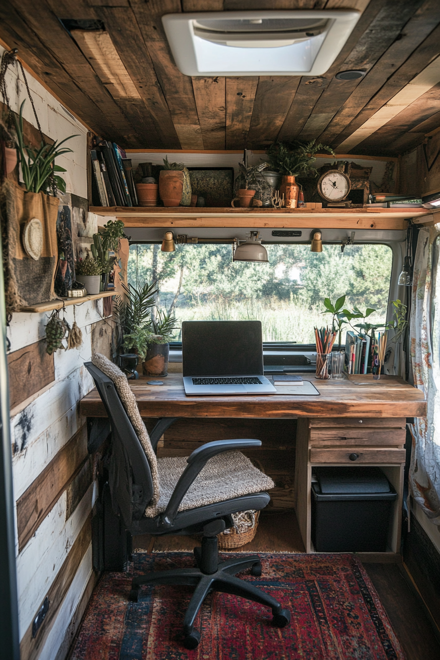 Sprinter van office. Recycled wood desk with hemp upholstery chair.