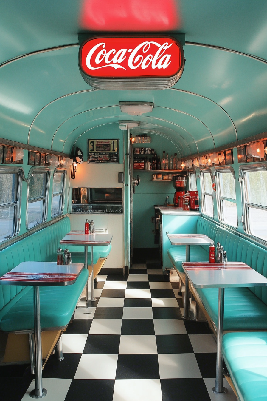 Retro-style camper dining space. Checkerboard floor, seafoam green booths, hanging neon Coca Cola sign.