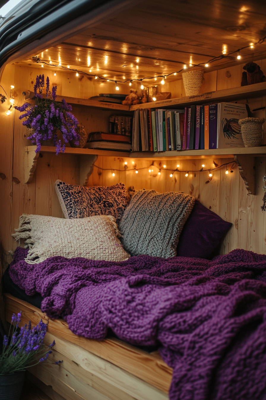 Eco-friendly van reading corner. Upcycled wood bookshelves, LED fairy lights, lavender-dyed reclaimed fabric pillows.