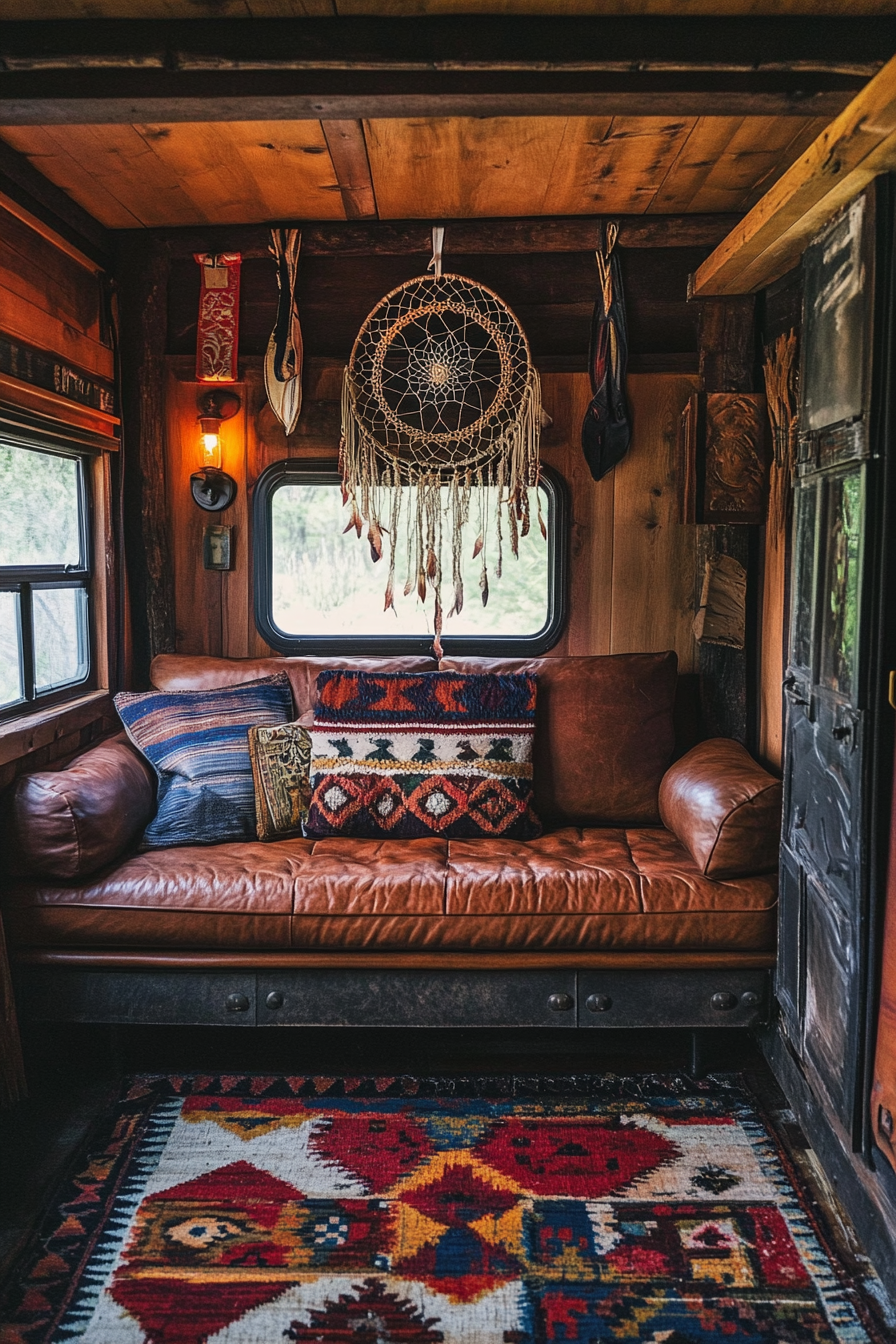 Van bedroom. Leather sofa, Navajo rug, hanging dreamcatcher.