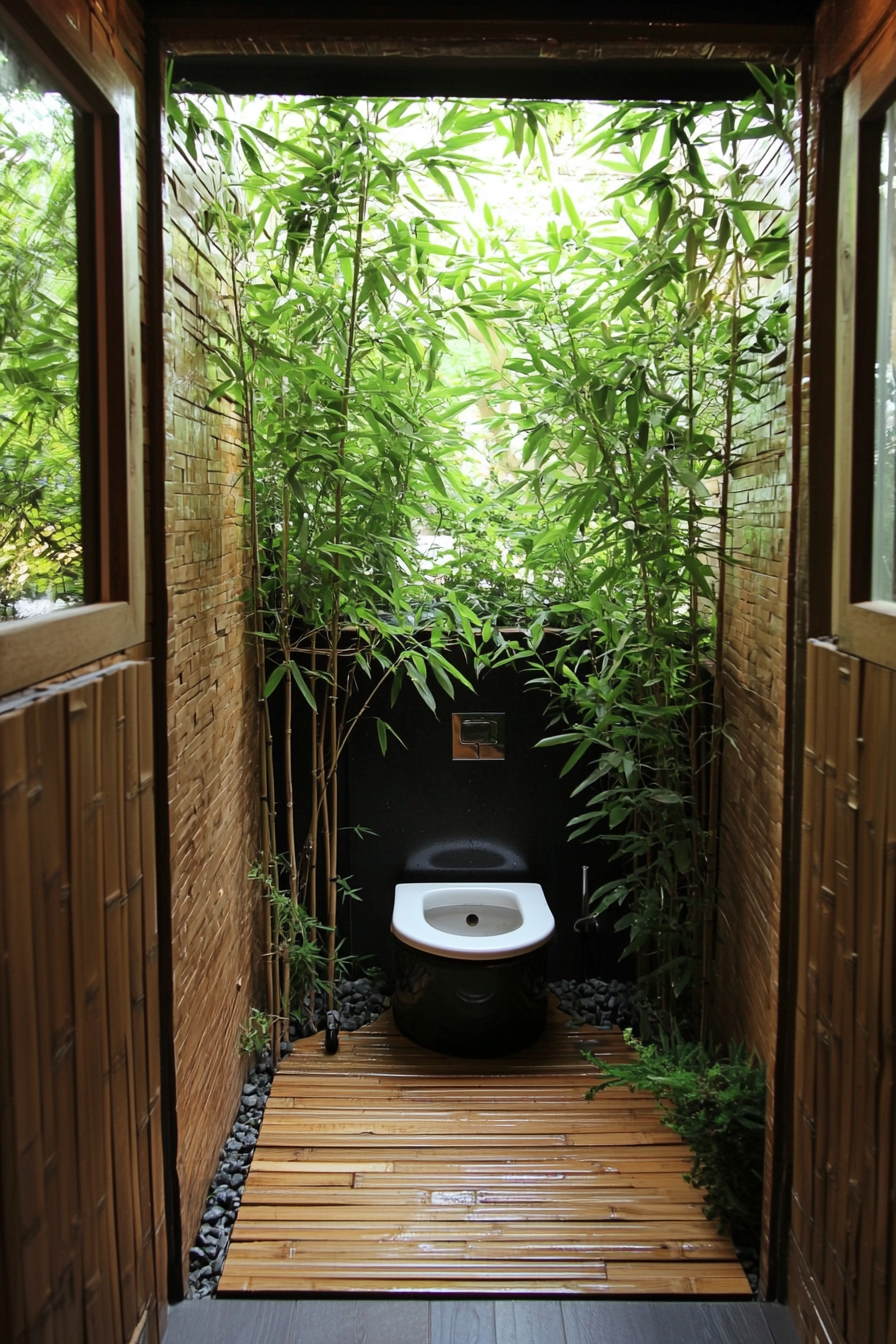 Tiny bathroom. Grey water system, bamboo flooring, composting toilet.