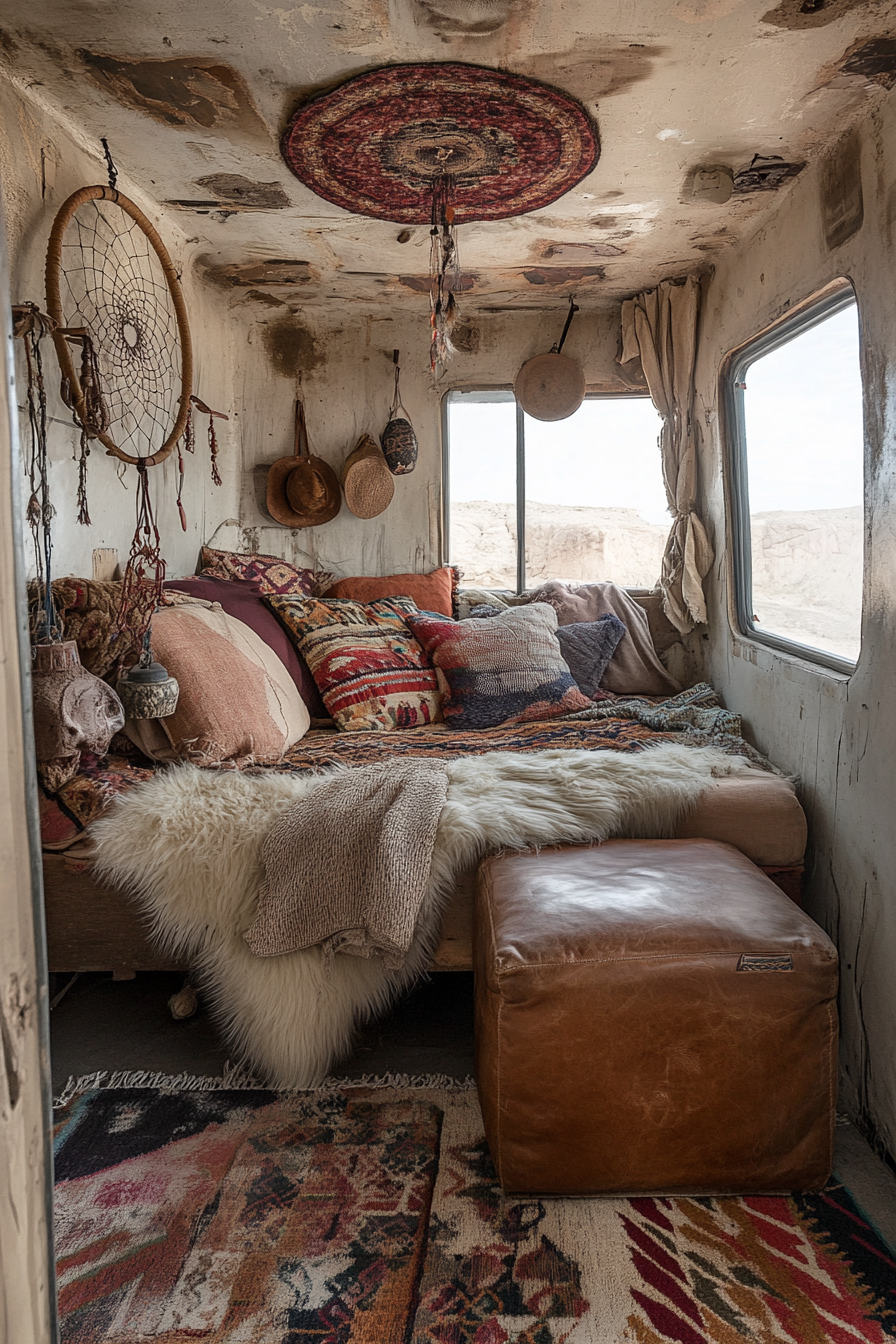 Desert-Bohemian van bedroom. Faded Navajo rug, leather ottoman, dreamcatcher by the window.