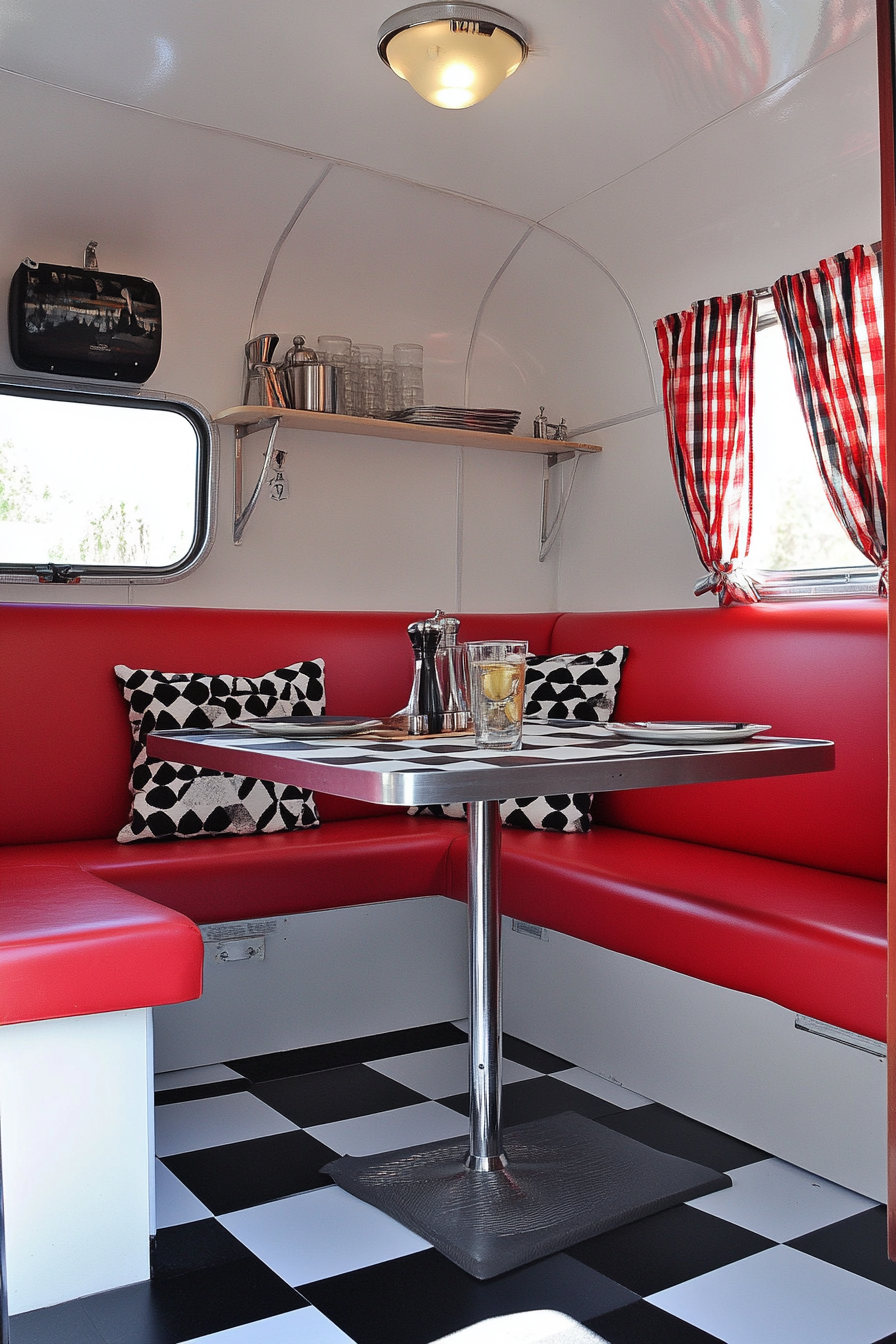 Retro-style camper dining space. Red vinyl booth seat, black and white checkerboard flooring.