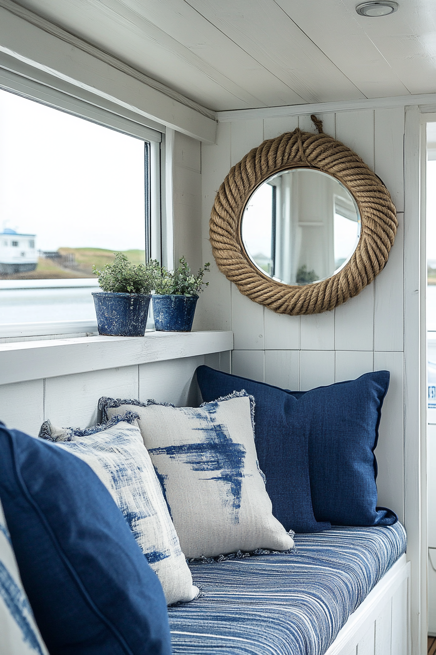 Camper living area. Whitewashed walls with blue scatter cushions and rope-framed mirror.