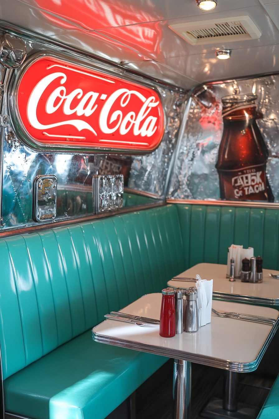 Retro camper dining space. Neon Coca Cola sign with a turquoise booth and chrome accents.