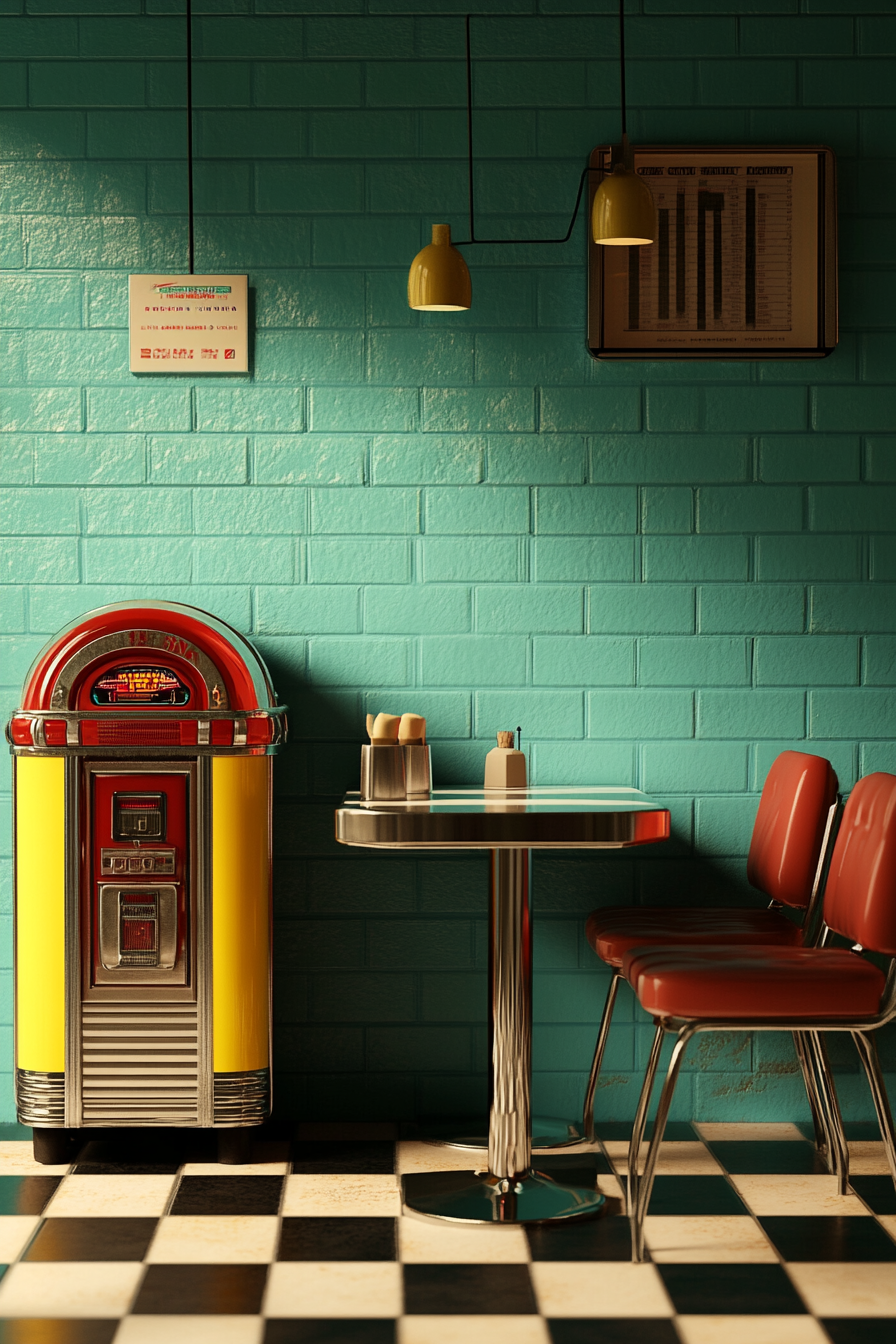 table, checkered floor, and retro jukebox.