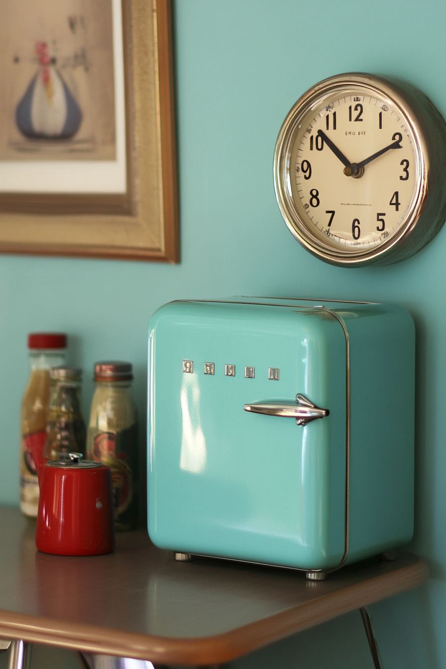 tabletop, circular retro wall clock, 1950's-style mini fridge.