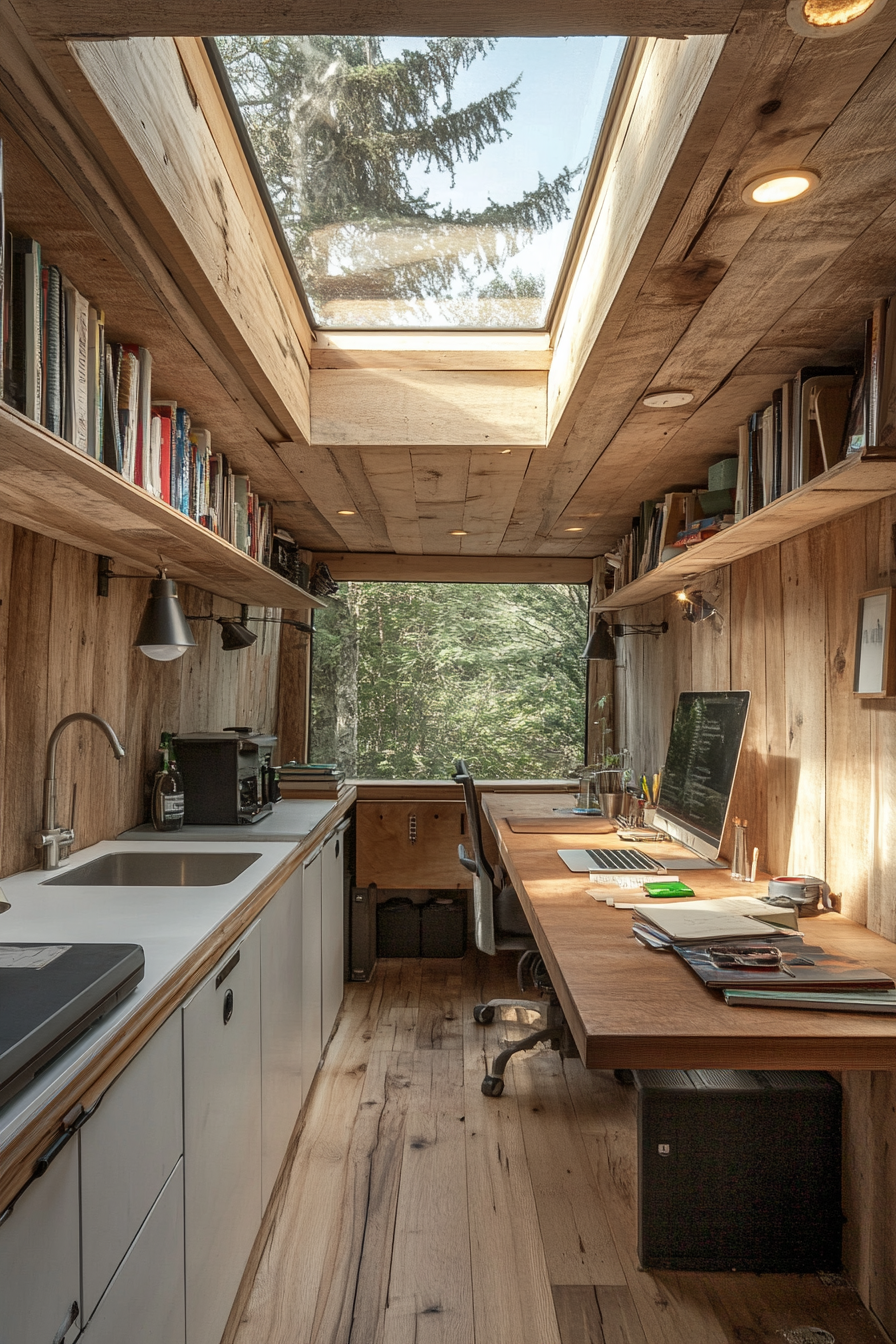 Sustainable Sprinter Van Office Space. Recycled wood desk beneath a skylight.