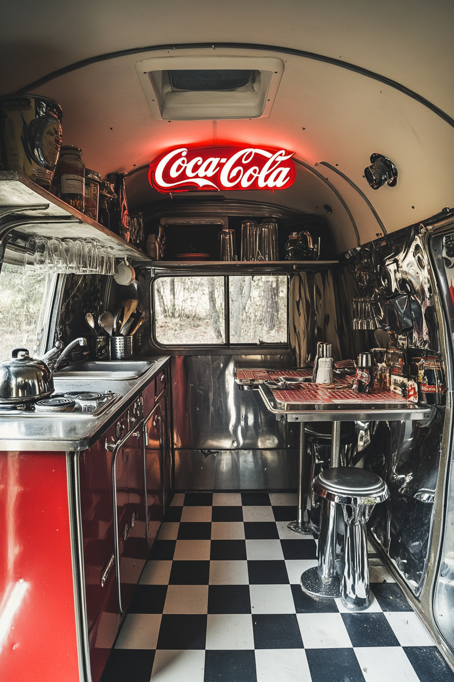 Retro-Style Camper Dining Space. Checkerboard floor, neon Coca-Cola sign, chrome kitchenware.